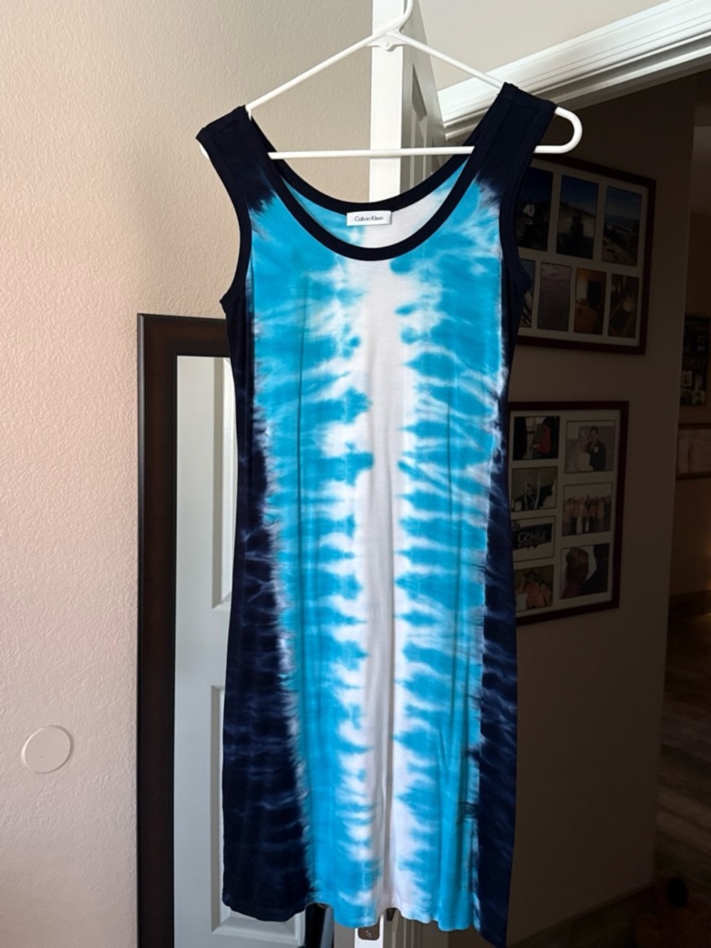 Calvin Klein Teal and White Tie-Dye Tank Dress with Black Trim